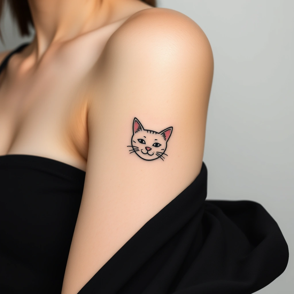 Tattoo of cute smiling cat in minimalist black and white for women's armpit