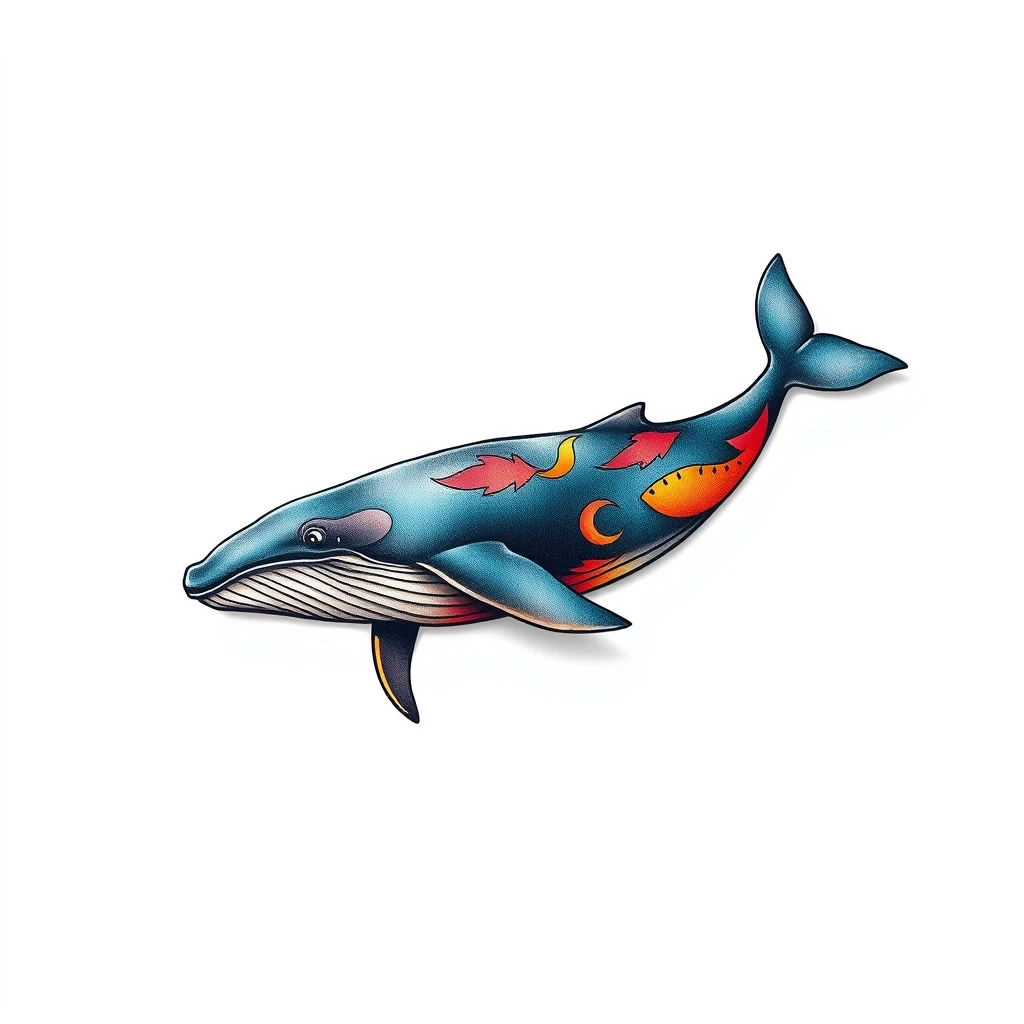 Colorful whale tattoo featuring vibrant designs