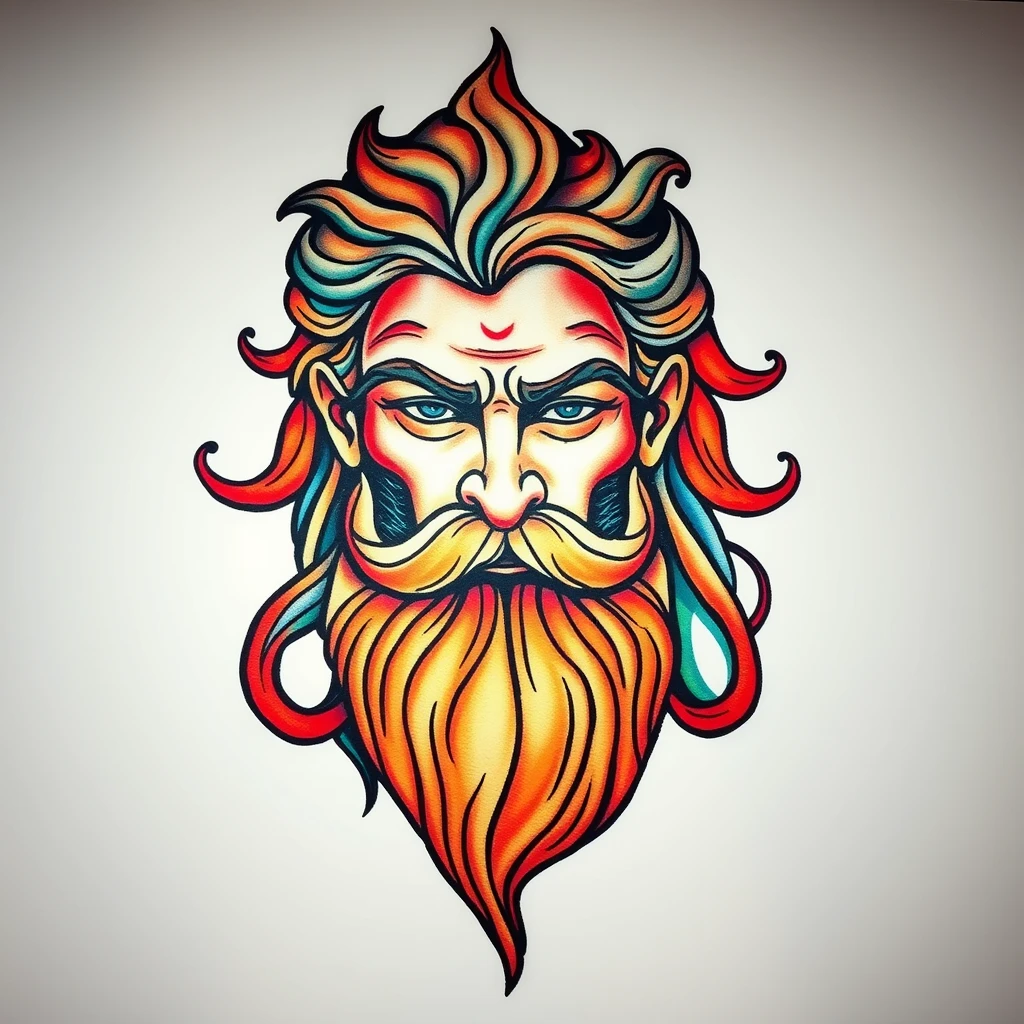 Colorful Zeus tattoo with detailed facial features