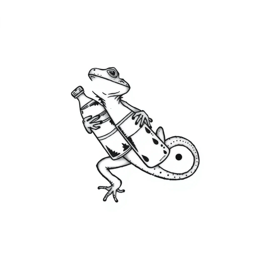 Tattoo of lizard holding water bottle in black and white minimalist style