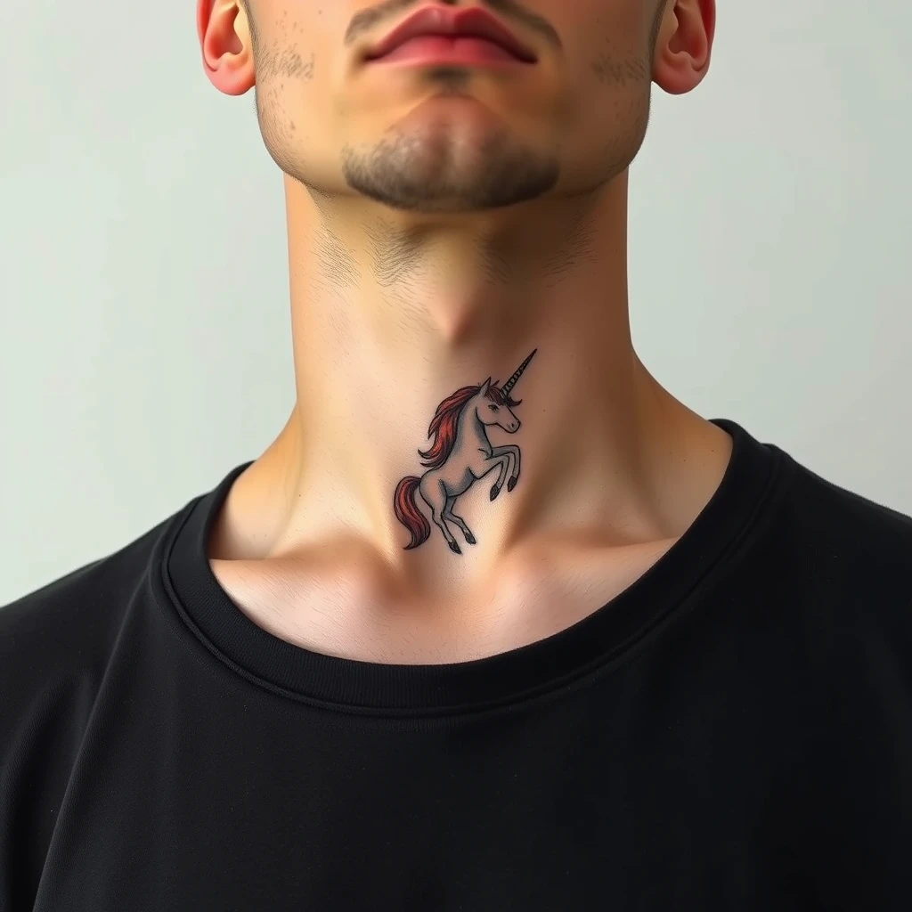 Colorful minimalist unicorn tattoo on collarbone