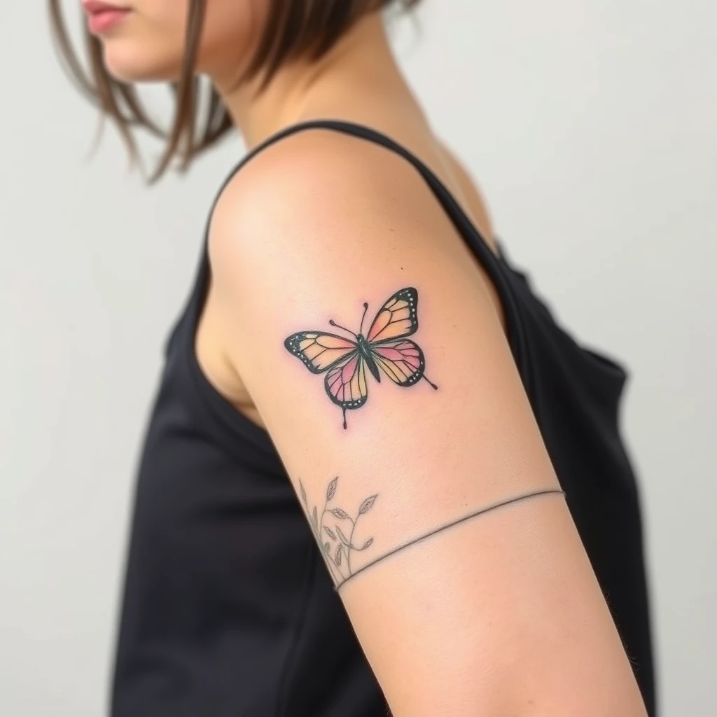 Colorful minimalist butterfly tattoo on women's sleeve