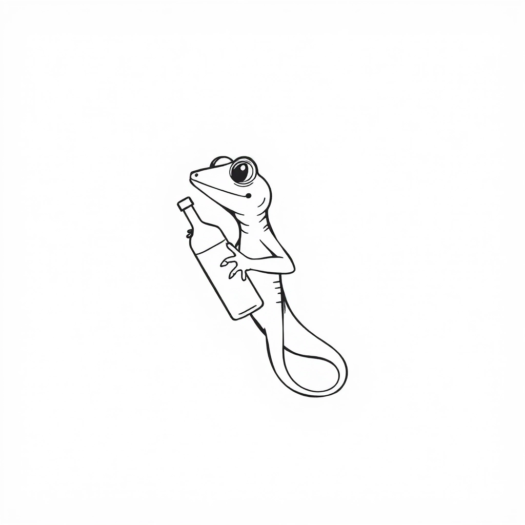 Tattoo of cute lizard holding wine, minimalist, black and white design