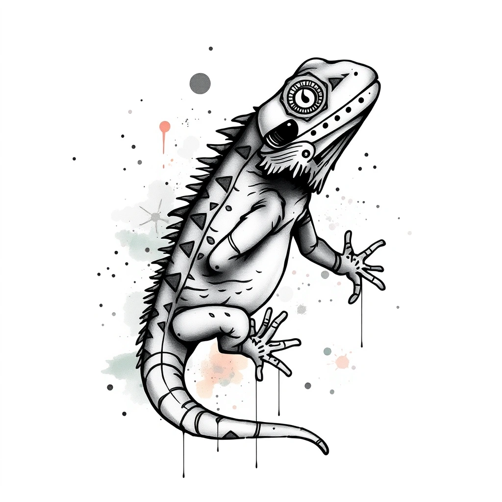 Tattoo design of lizard with bazuka in black and white watercolor style