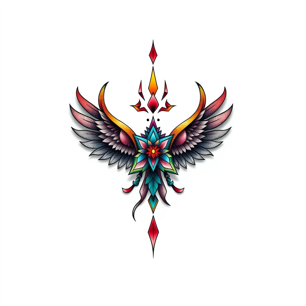 Colorful Elysian tattoo featuring wings and gem