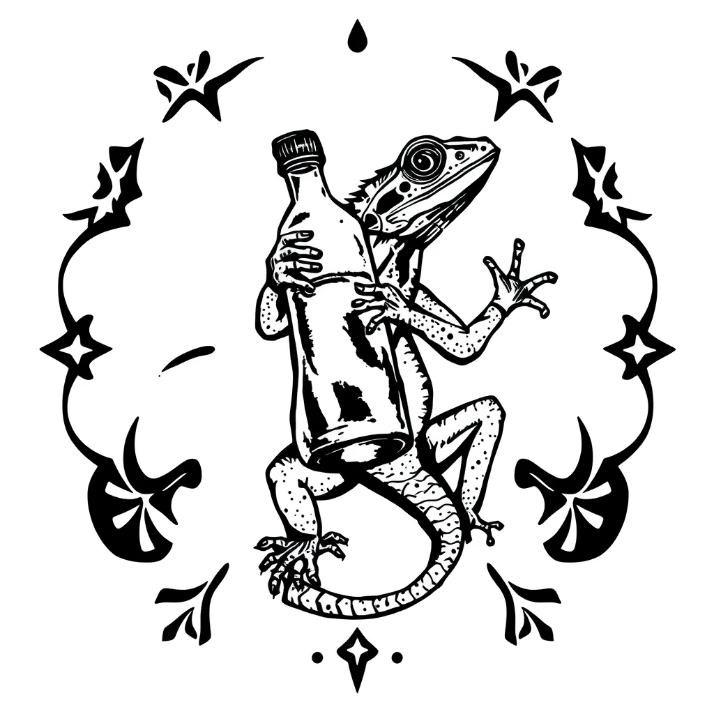 Tattoo of lizard holding water bottle, Blackwork