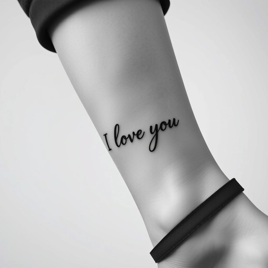 Tattoo 'I love you' in realistic style on women's ankle in black and white