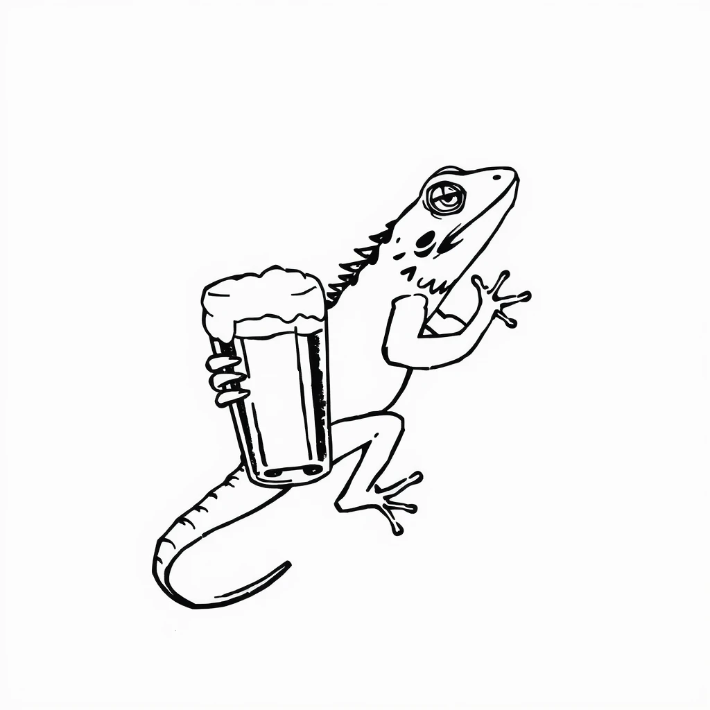 Tattoo of lizard with beer in Minimalist style, black and white design