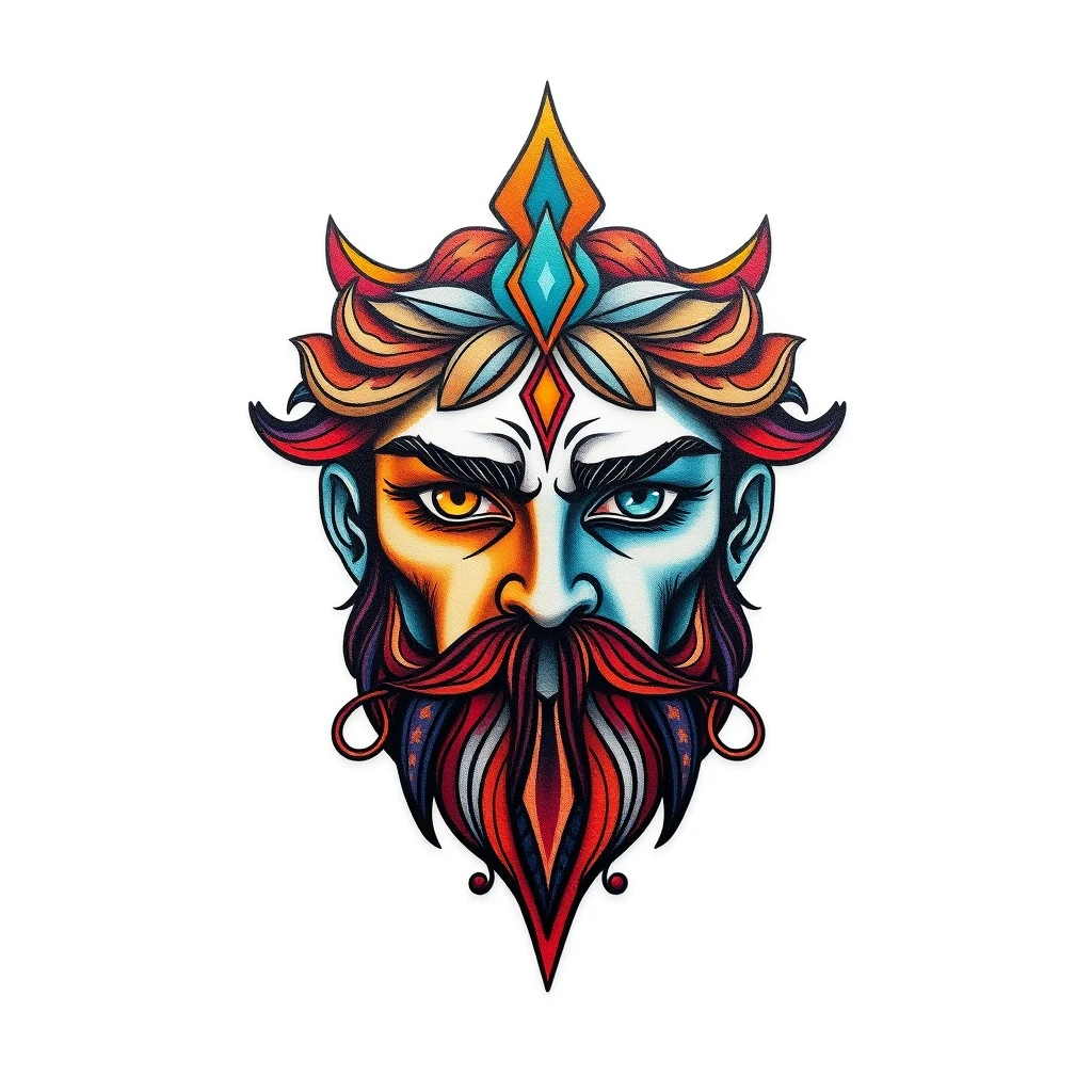 Colorful Janus tattoo featuring dual-faced design