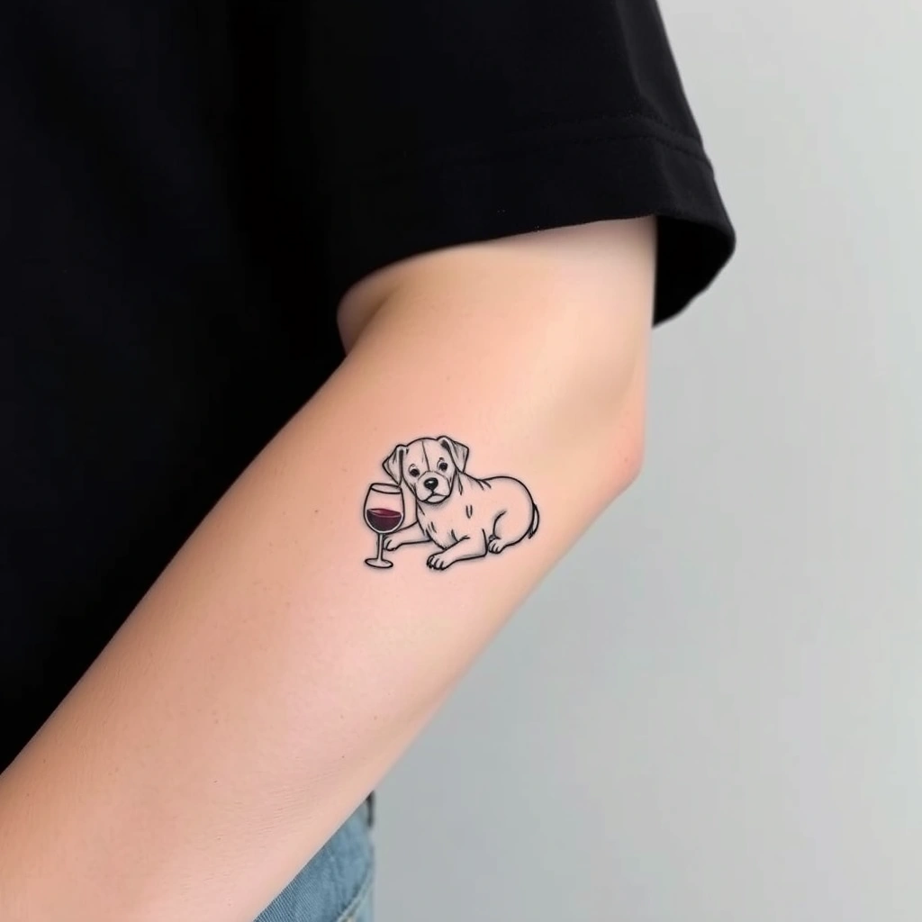 Tattoo of a cute dog drinking wine on Arm, Minimalist style, Black and white for Women