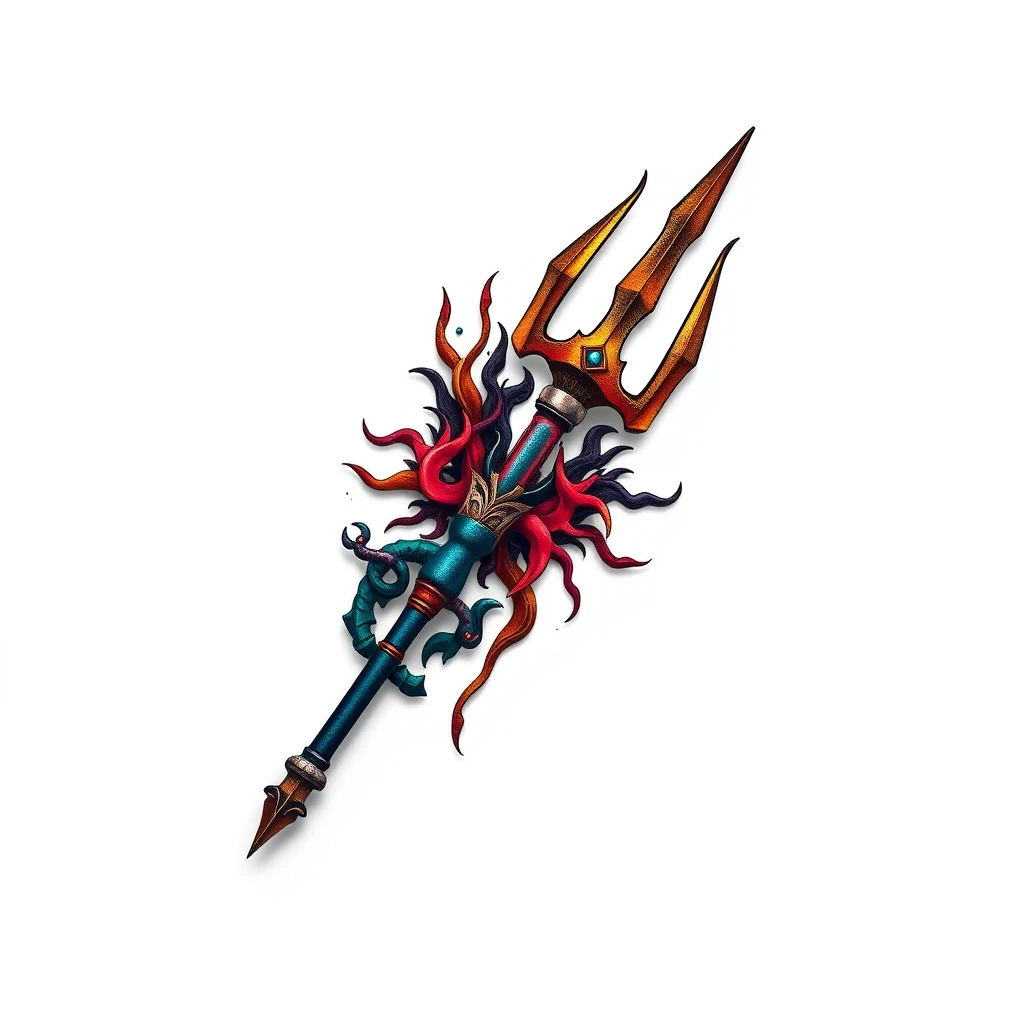 Colorful Trident tattoo with flame-like designs