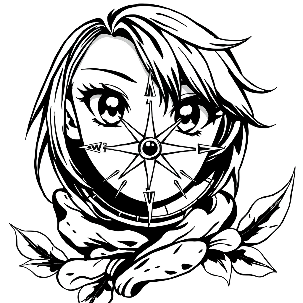 Tattoo of Compass in black and white anime style