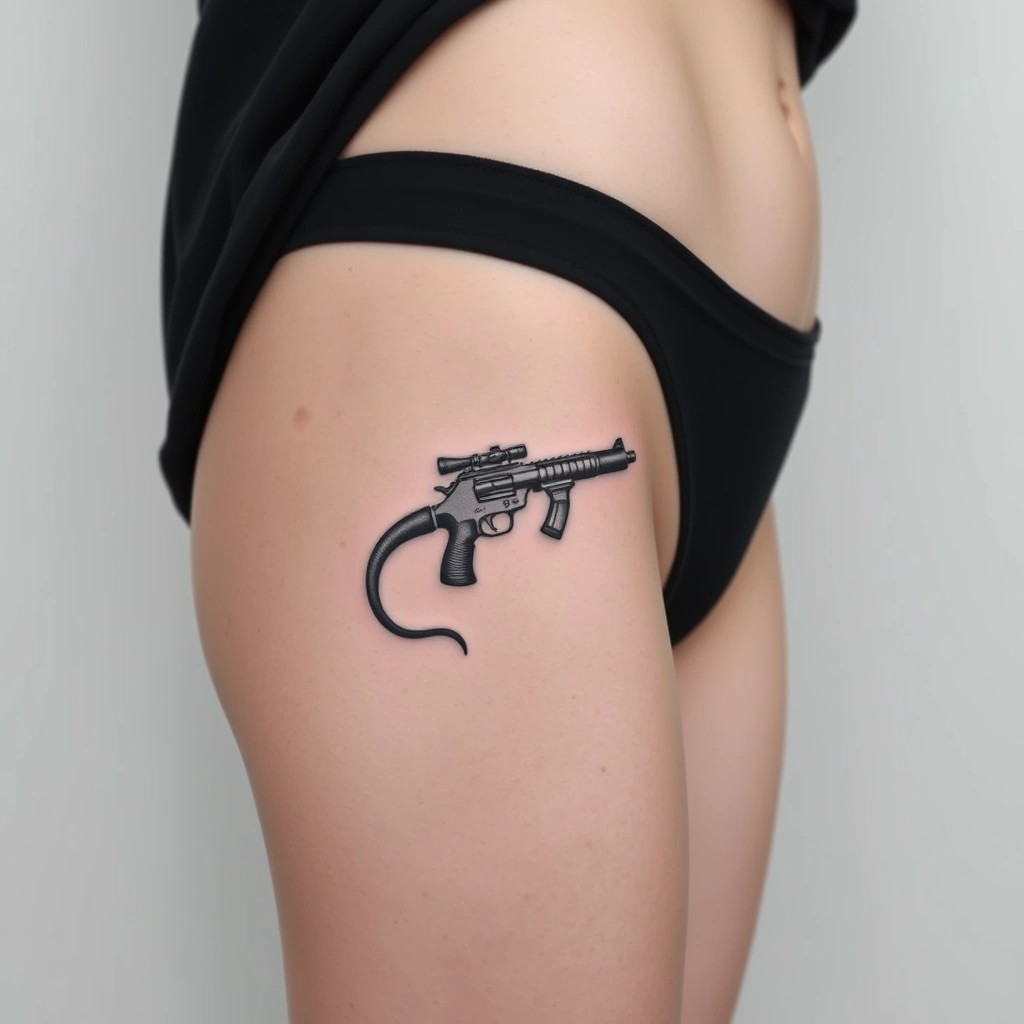 Minimalist black and white lizard with gun tattoo on women's hip