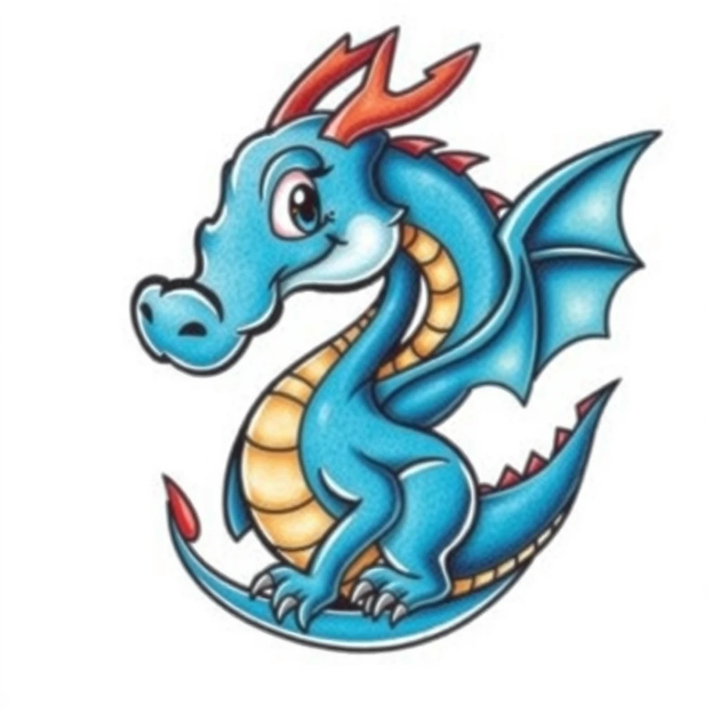 Tattoo of a colorful blue dragon in cartoon style