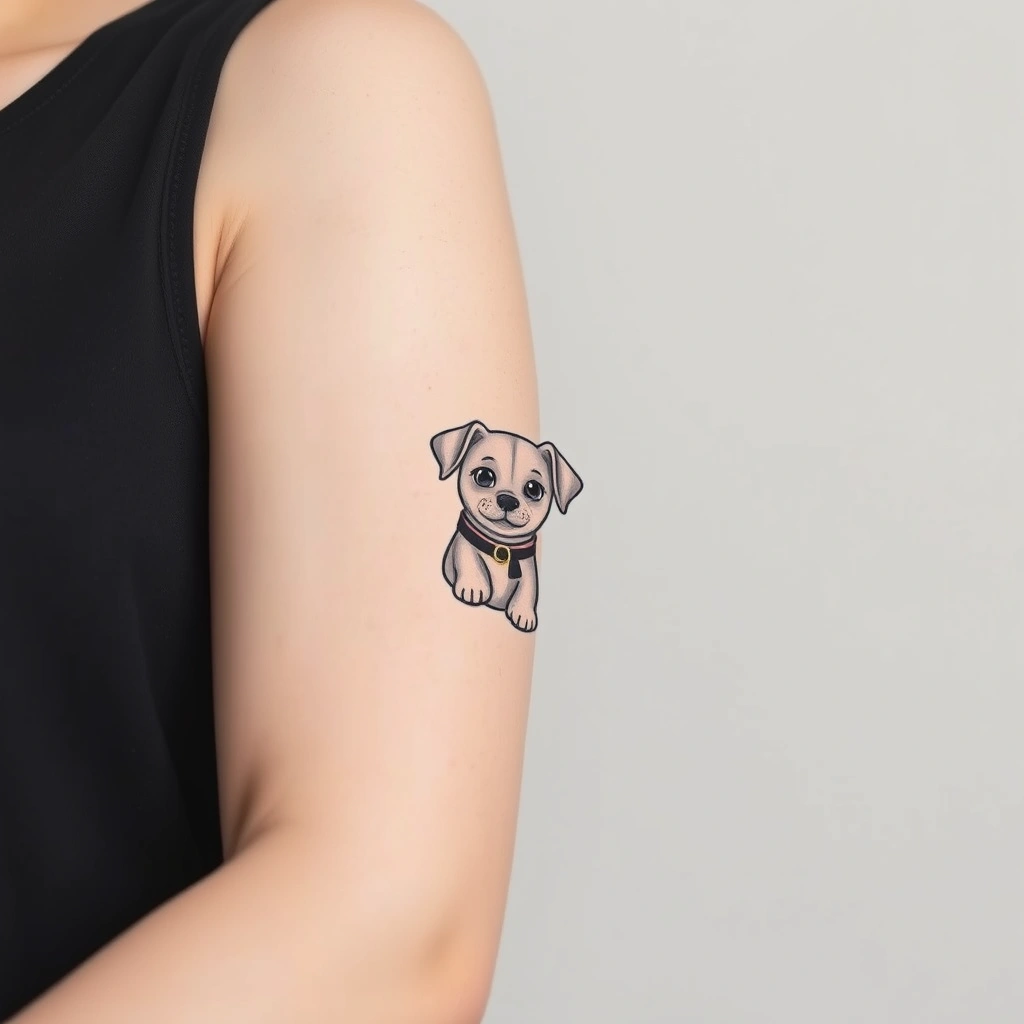 Tattoo of a cute dog, Minimalist style, Black and white, on Women's Arm