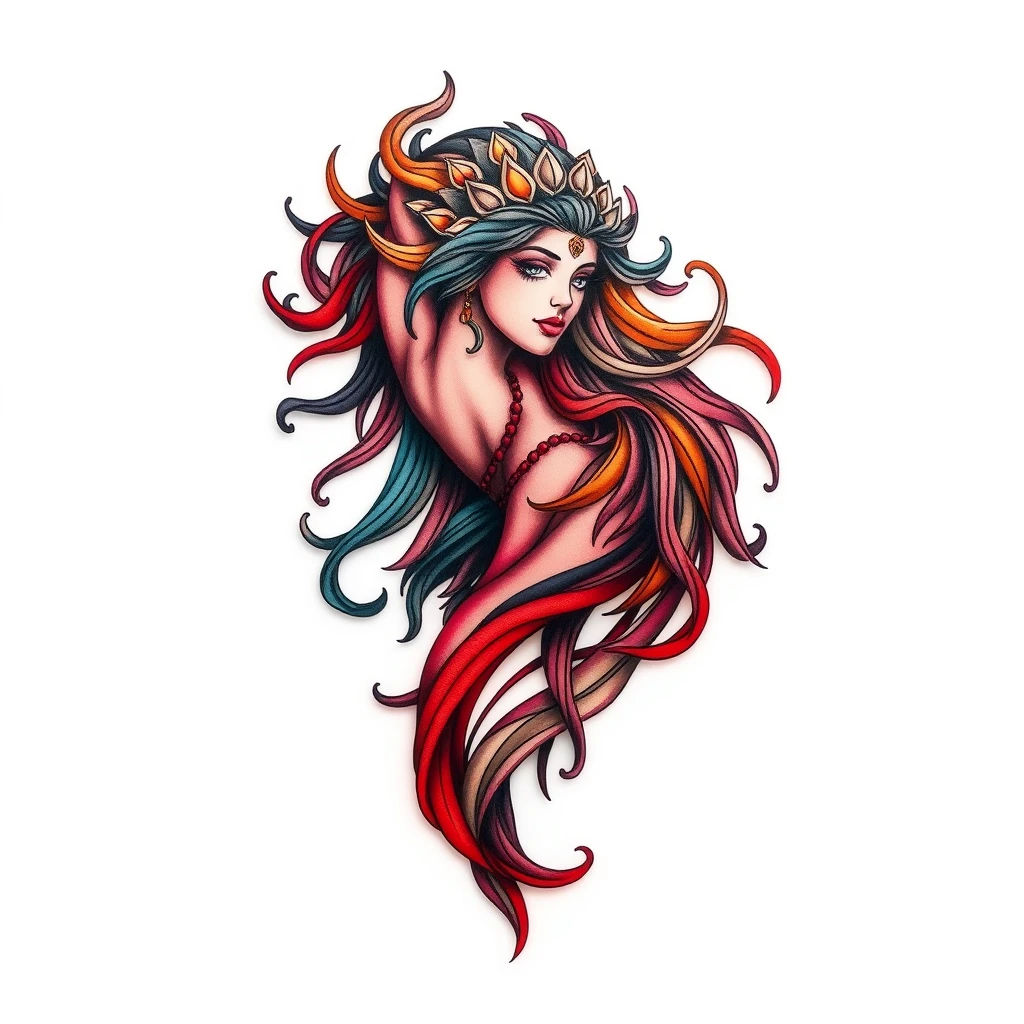 Colorful Mnemosyne tattoo with flowing hair