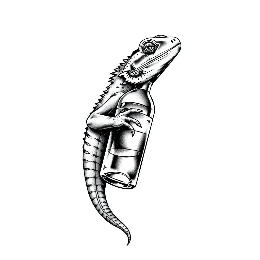 Tattoo of lizard holding water bottle, realistic