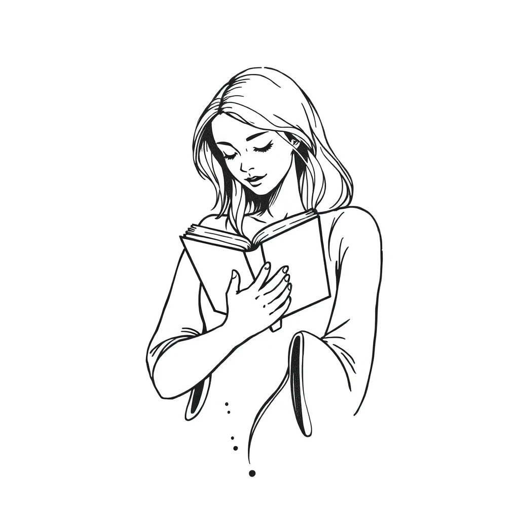 Tattoo of a woman holding a book, Minimalist style, Black and white.