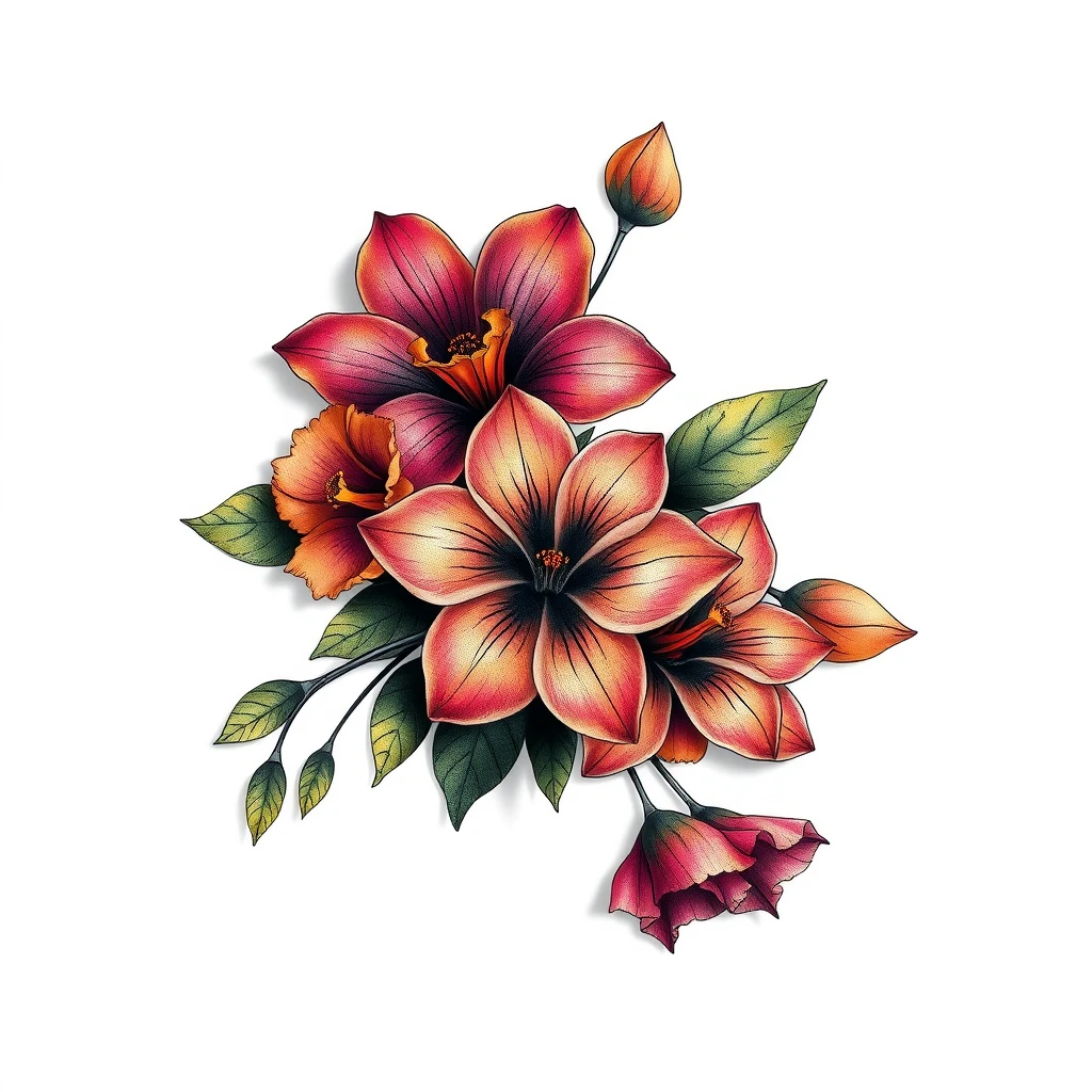 Tattoo design of colorful summer flowers in realistic style