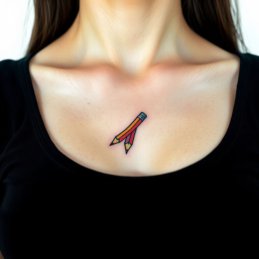 Colorful pencil tattoo in Japanese style on women's chest