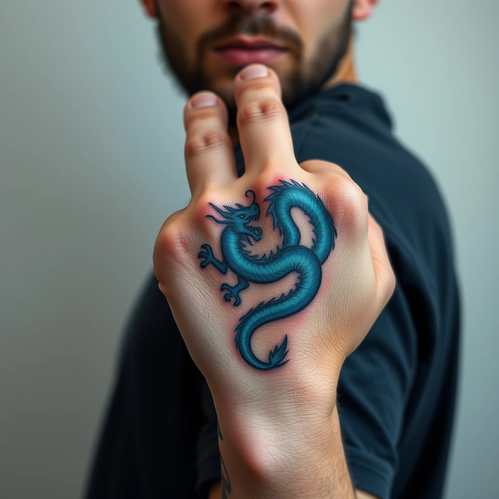 Colorful 3D blue dragon tattoo on finger