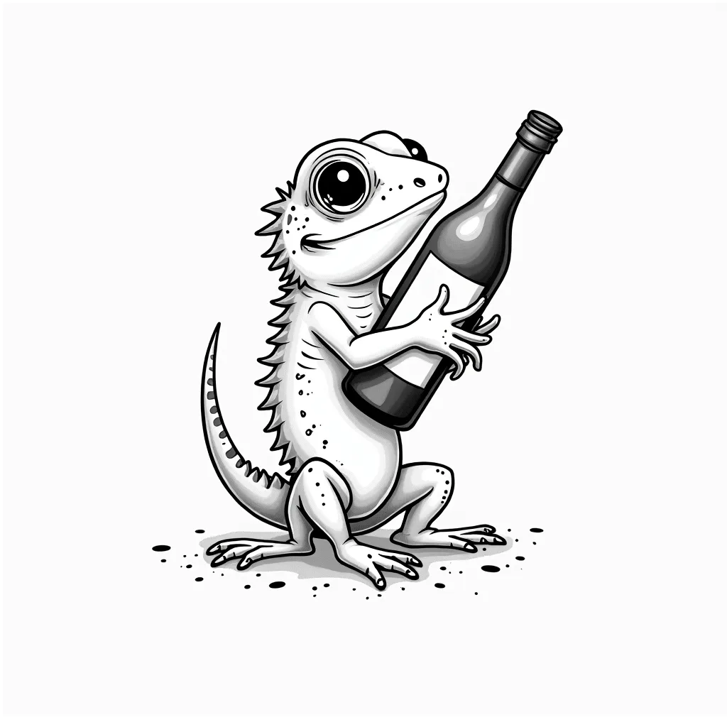 Tattoo of cute lizard holding wine, minimalist, black and white