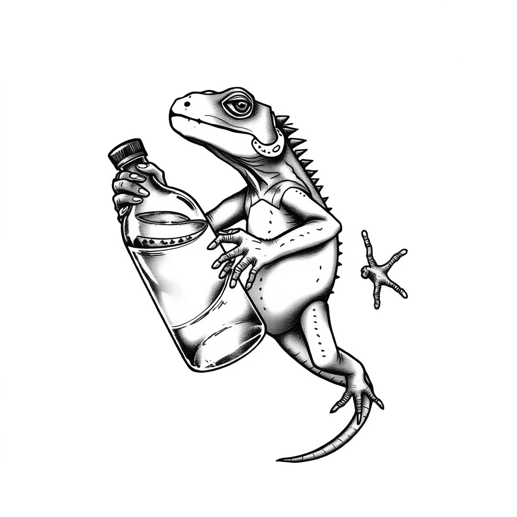 Tattoo of lizard holding water bottle, realistic style