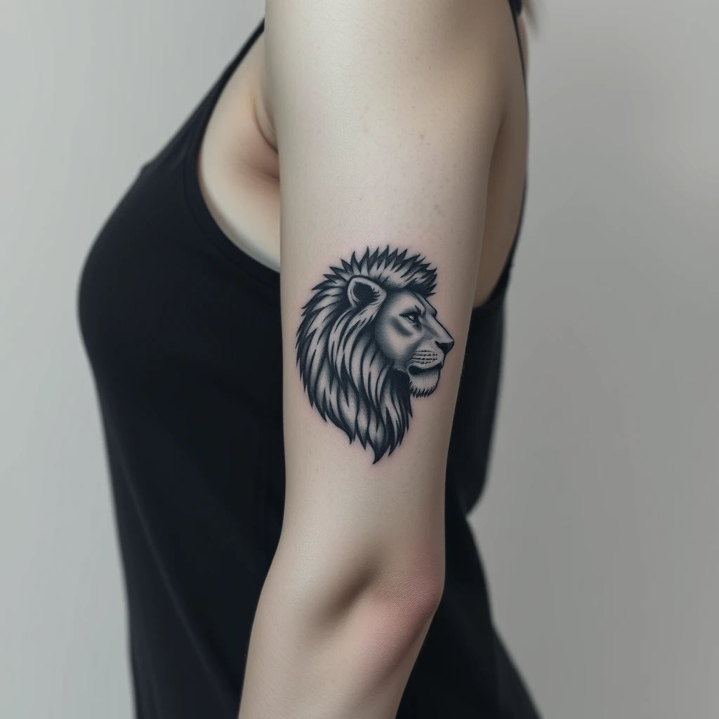 Tattoo of a lion in realistic style, black and white, on women's arm