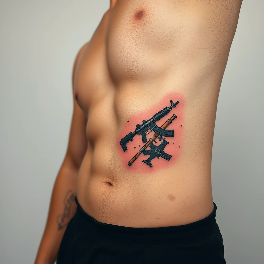 Colorful Minimalist 'soviet army' tattoo on men's stomach