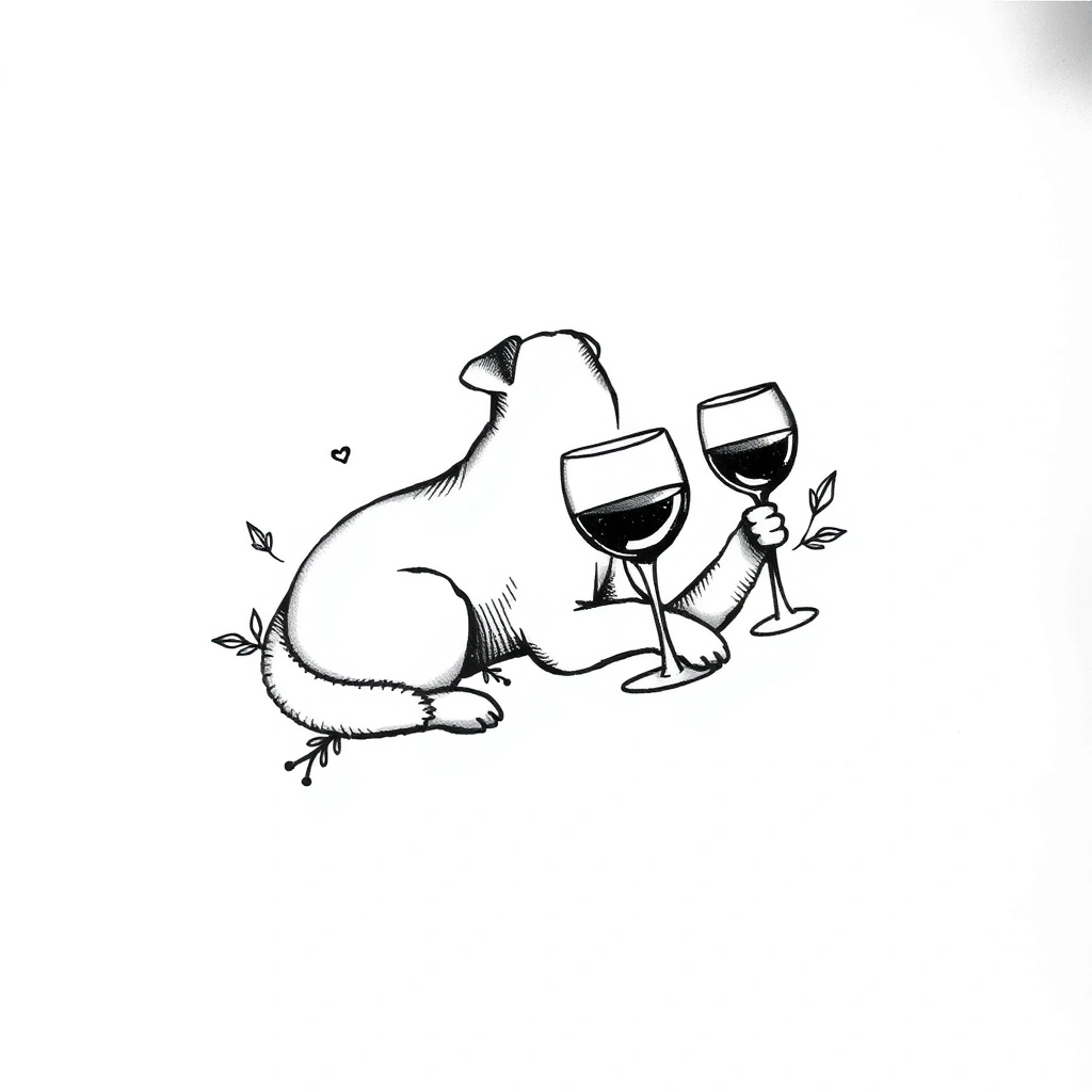 Tattoo of cute dog drinking wine, Minimalist