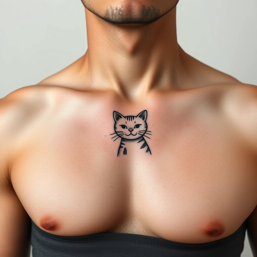 Tattoo of a cute cat in minimalist style on men's chest, black and white design.