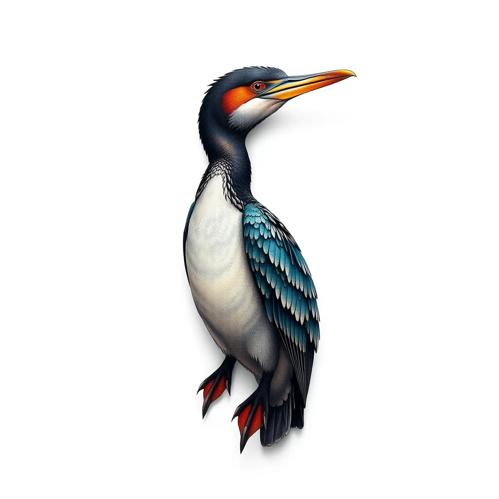 Detailed Cormorant tattoo with vibrant colors