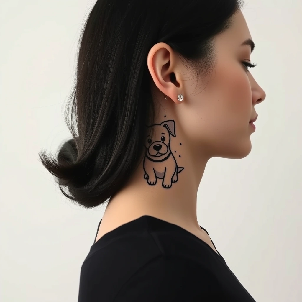 Tattoo of cute dog, Minimalist style, black and white, behind ear for women