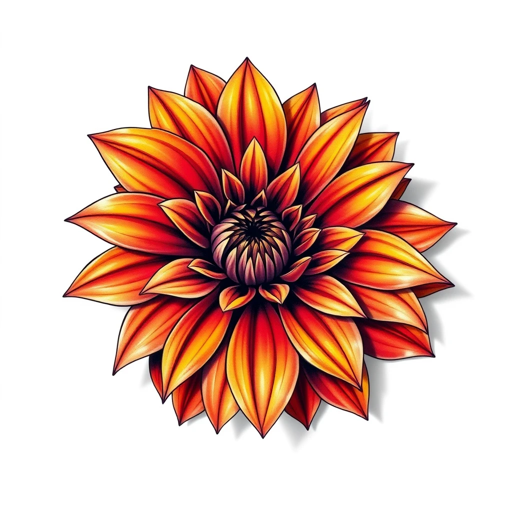 Vibrant Dahlia tattoo with orange and yellow petals.