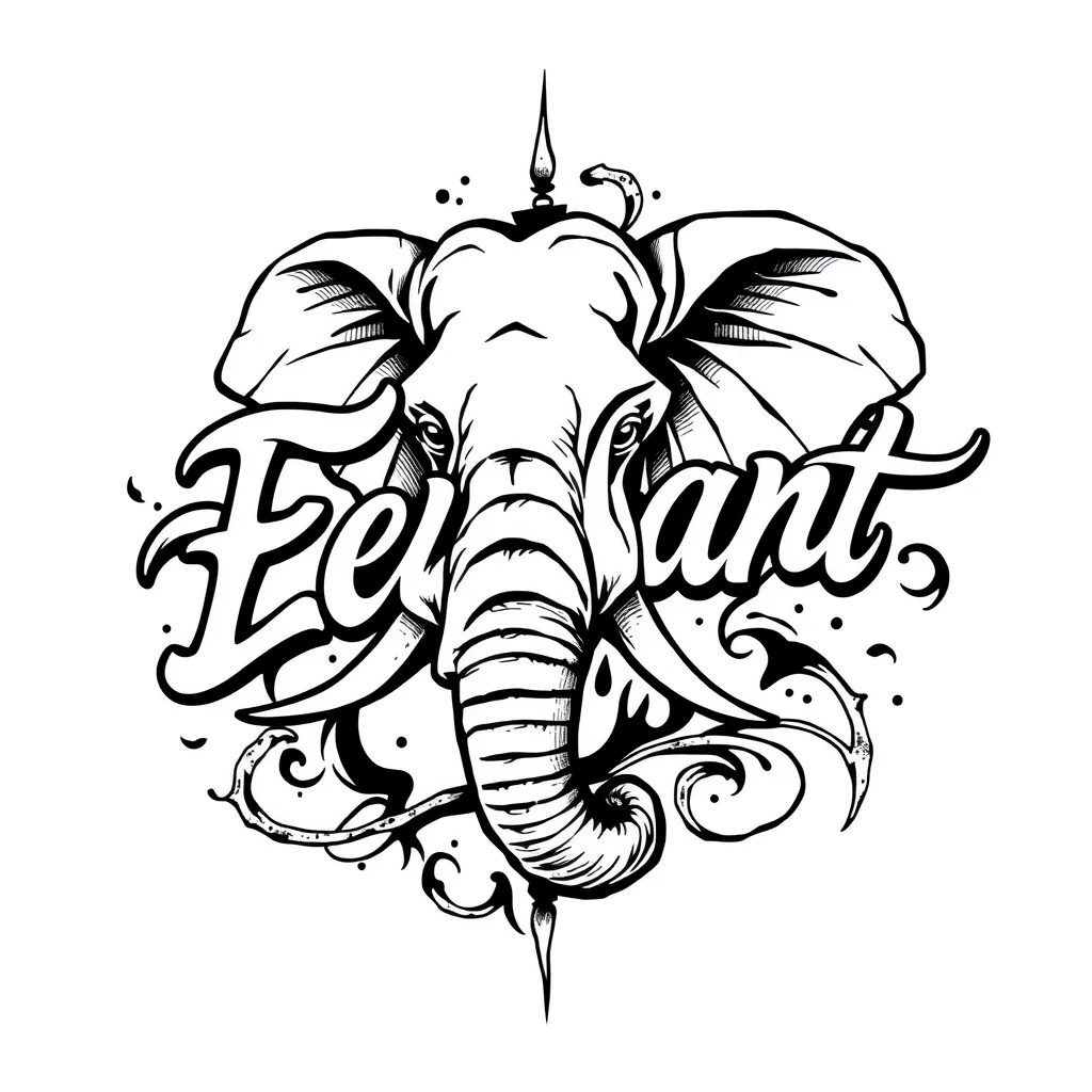 Tattoo of Elephant in Black and white lettering style