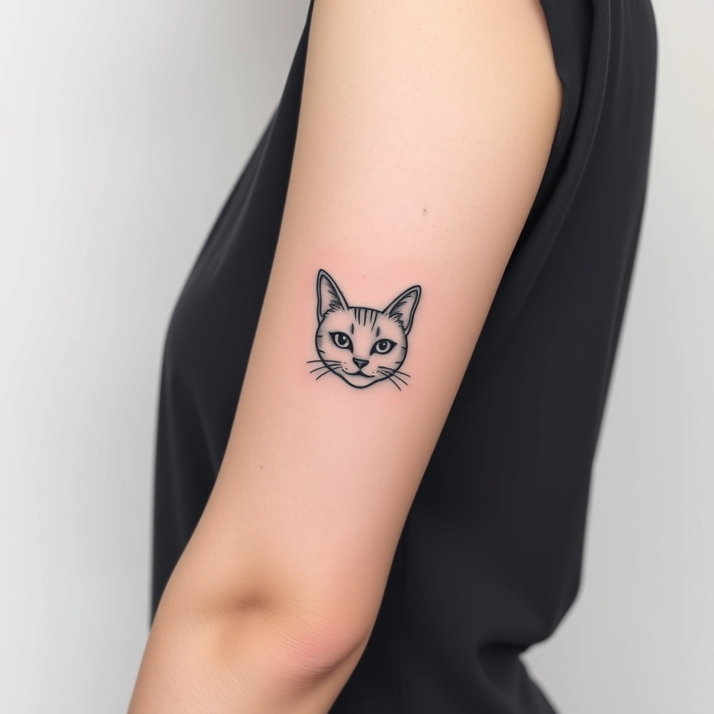 Tattoo of a cute smiling cat, minimalist, black and white, on women's armpit