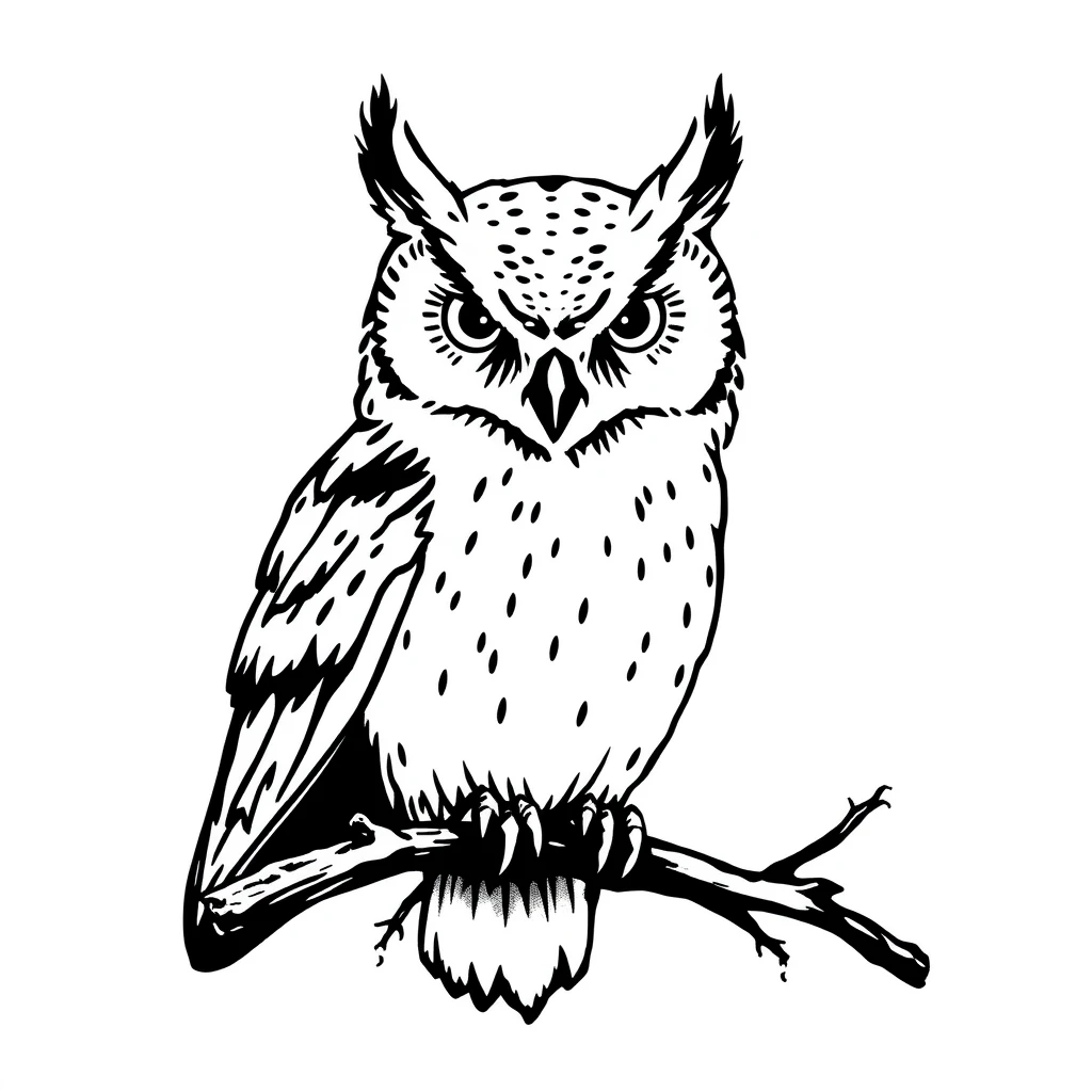 Tattoo of an Owl in Stick and Poke style, black and white.