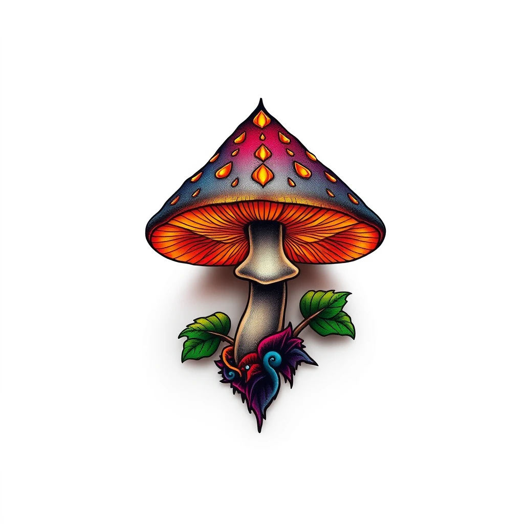 Colorful Psilocybin tattoo of a mushroom