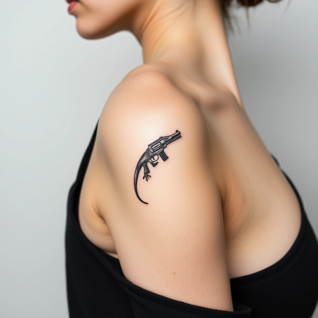 Black and white minimalist lizard with gun tattoo on women's shoulder