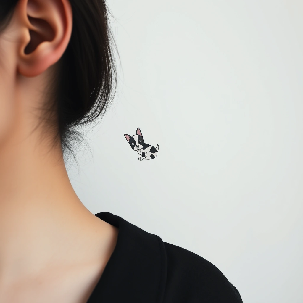 Cute dog Minimalist tattoo in black and white on women's Behind the Ear