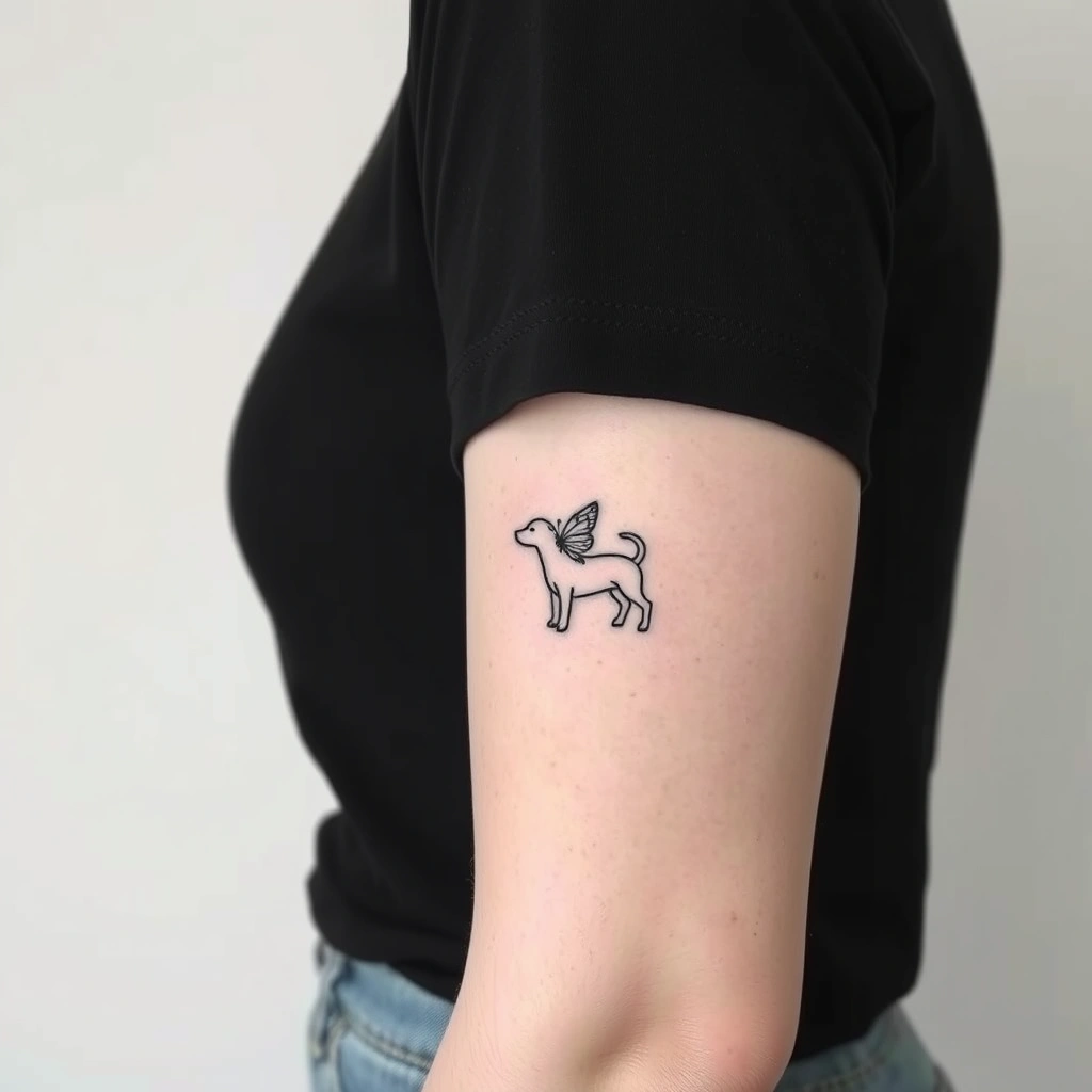 Minimalist black and white dog tattoo on women's arm