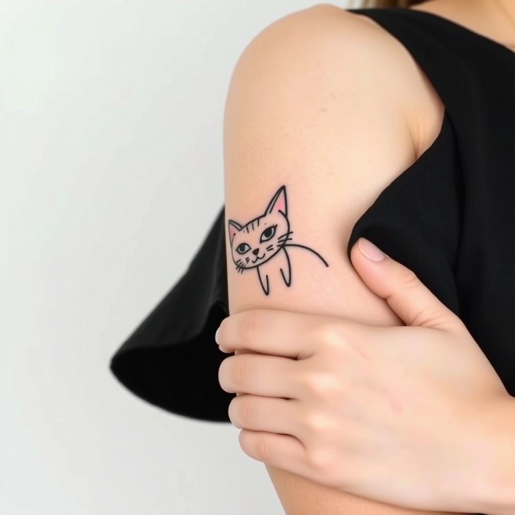 Tattoo of a cute cat, Minimalist, black and white, on women's armpit