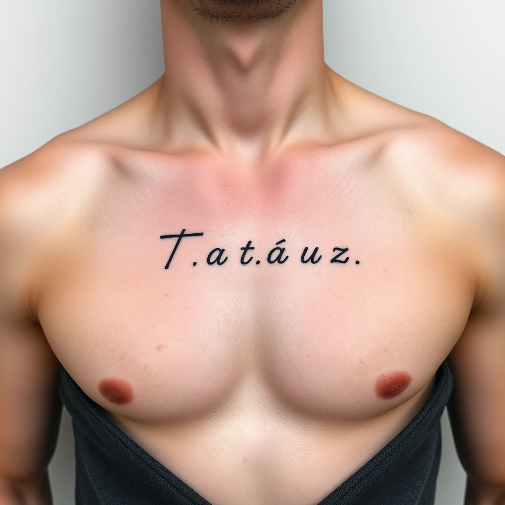 Tattoo 'T a t a t u z' Minimalist style, black and white, on men's chest