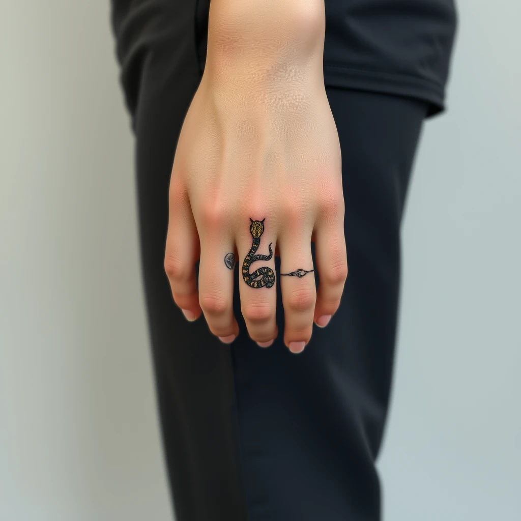 Colorful minimalist snake tattoo on woman's finger