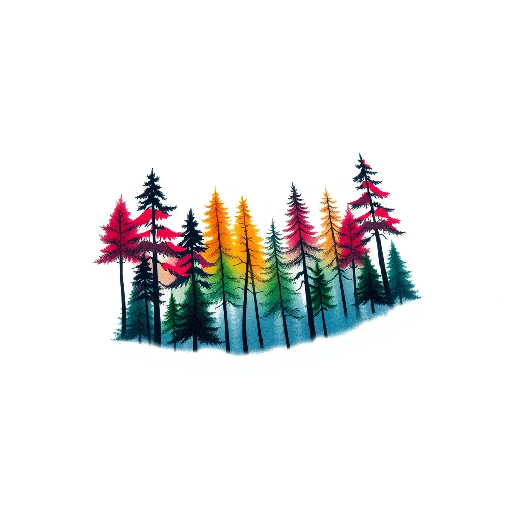 Colorful forest tattoo with vibrant tree silhouettes