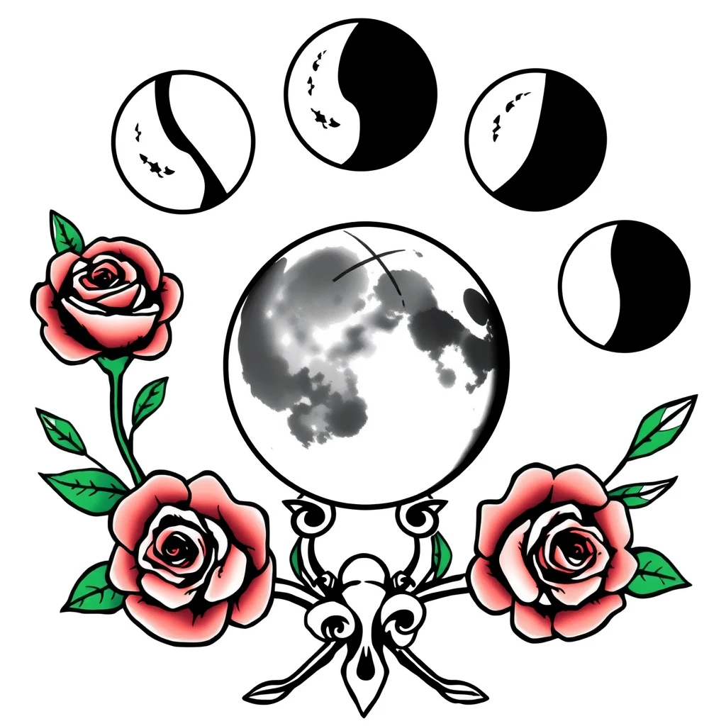 Tattoo of Moon phases in Traditional style, black and white