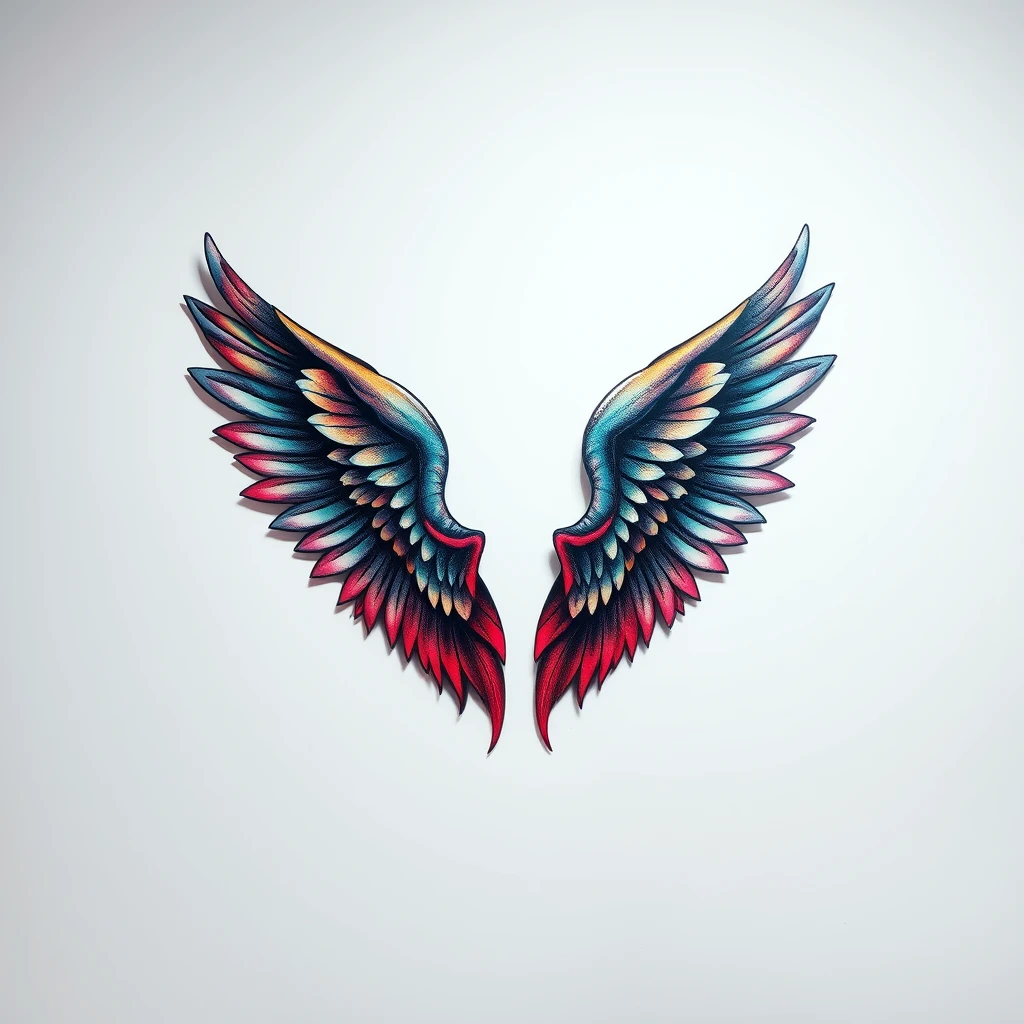 Vibrant angel wings tattoo with colorful details