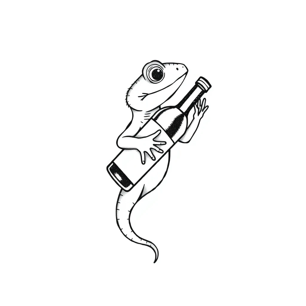 Tattoo of cute lizard holding wine bottle in minimalist black and white design