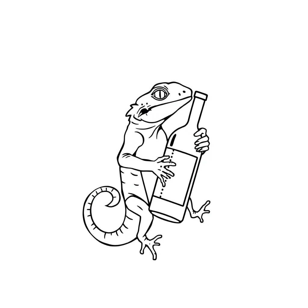 Tattoo of lizard holding wine bottle, minimalist black and white design