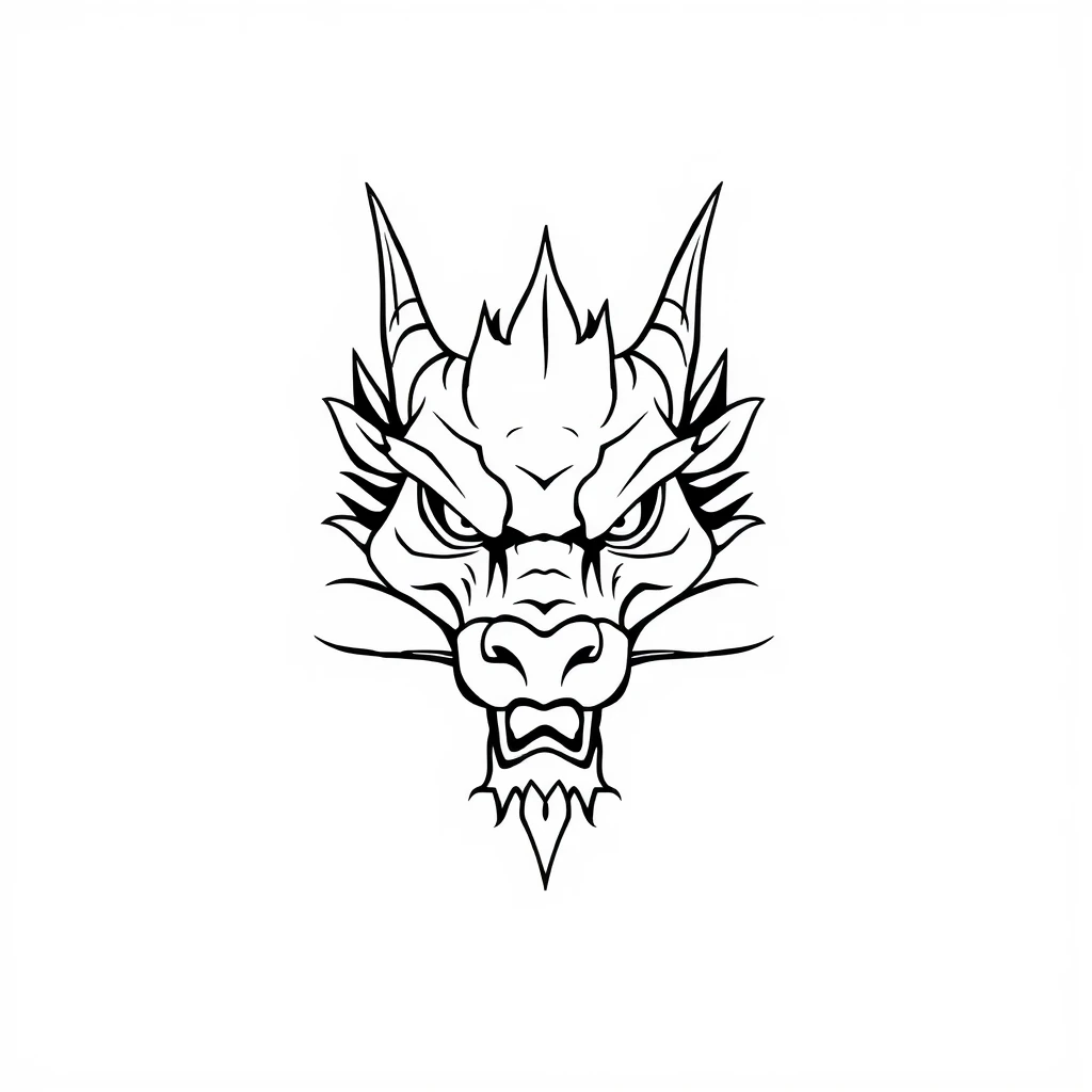 Tattoo design of dragon face in Minimalist style, black and white.